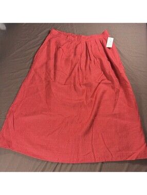 Vintage Christine David Red Linen A-Line Long Skirt 12P Pleat Button Zipper NWT